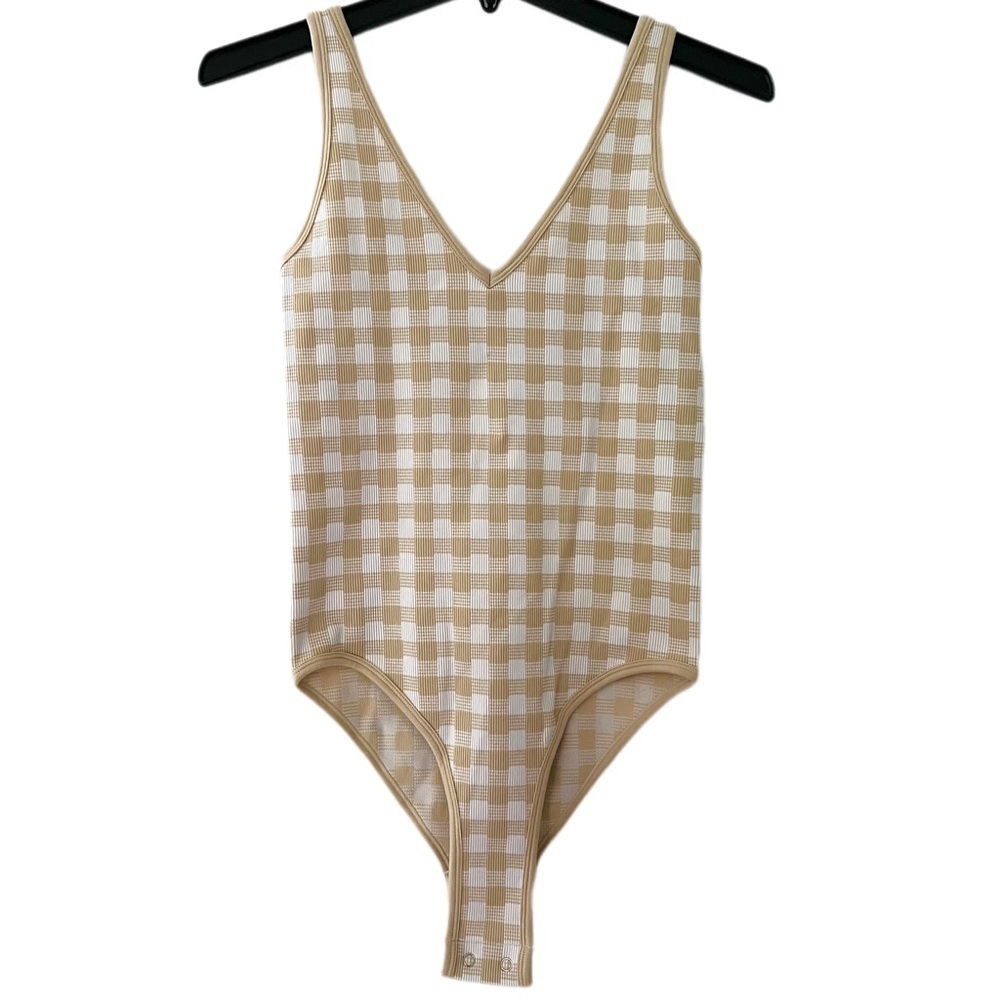 Aura- Stylish Checkered Bodysuit in Tan and White (M/L) NWT - Picture 1 of 5